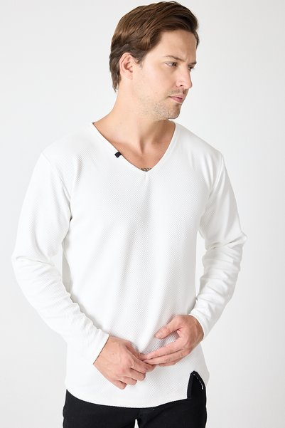 PELİTİSS White V-Neck Slim Fit Long Sleeve Men's Sweatshirt