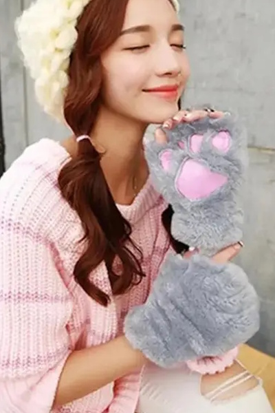 CAŞ DEKORASYON Gray Color Paw Plush Gloves