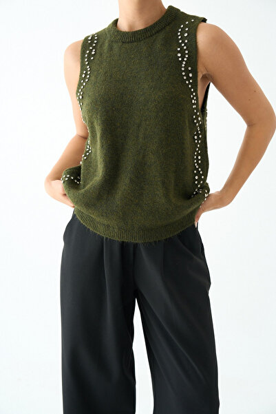 LOOSH Kadın Haki Bisiklet Yaka Taş İşleme Detaylı Süveter