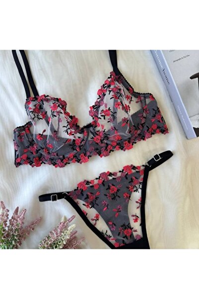 ARONA Kadın çiçek motifleri dantel detaylı bralet sütyen /külot iç çamaşır ta...