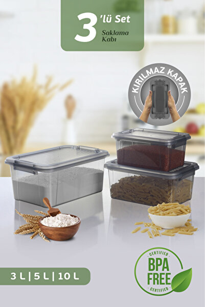 MOİ 3-Piece Locking Lid 3-5-10 Lt Food Storage Container Multi-Purpose Organizer Box Detergent Flour Grains Container