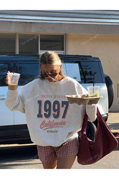 LAMASTRE 1997 California Bisiklet Yaka Sweatshirt - Gri Baskılı Oversize