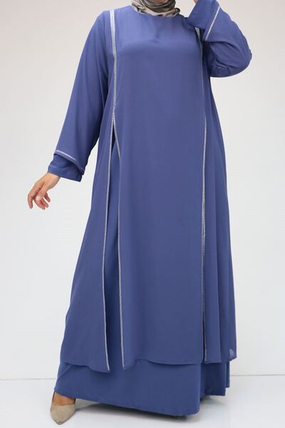 Eslina 42001 Plus Size Sandy Stone Detailed Dress - Indigo