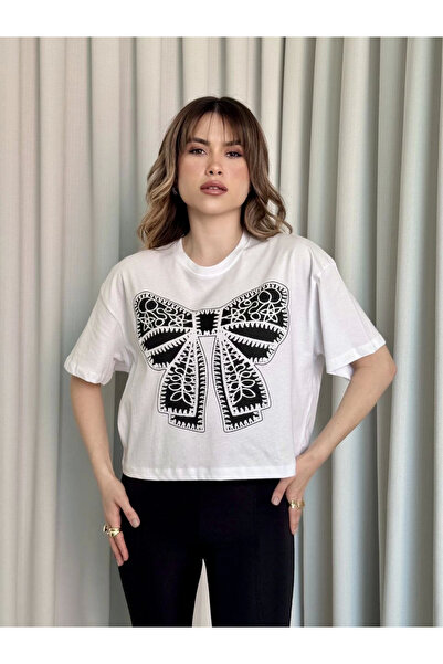 Zerenyus Oversize White Printed Crop T-Shirt