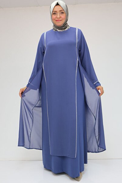 Eslina 42001 Plus Size Sandy Stone Detailed Dress - Indigo