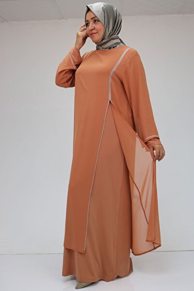 Eslina 42001 Plus Size Sandy Stone Detailed Dress - Salmon
