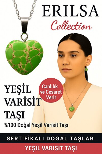 Erilsa قلادة من الحجر الطبيعي من نوع فيرايزيت الأخضر على شكل قلب معتمدة - حجر...