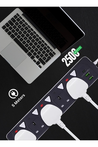 powermax 8-in-1 Power Strip Extension 2500W 5 AC Outlets, 2 USB & 1 Type-C 3.4A 3M Heavy-Duty Extension Cord
