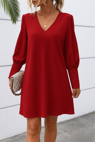 Varyete Women's Long Sleeve V-Neck Short Imported Crepe Dress