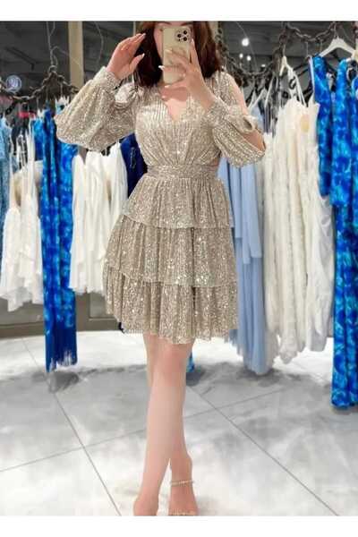 maf collection Women's Beige Sequin Low Back Mini Evening Dress