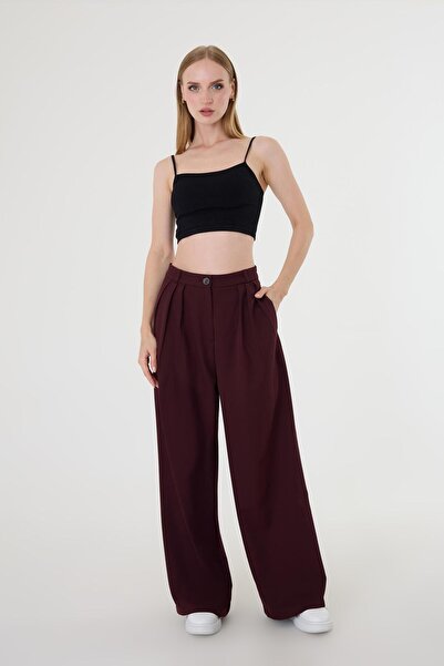 Hazel Women's Burgundy Pleated Detail Palazzo Pants