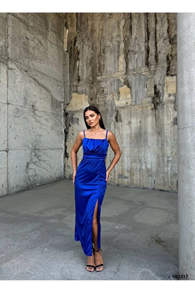 maf collection Rochie de seară din satin cu bretele albastre pentru femei Rochie de absolvire