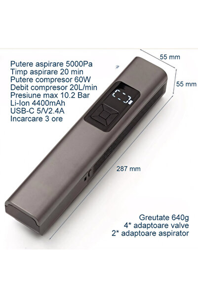 HYDER Car compressor + Car vacuum cleaner, Power 60W, 5000Pa, Autonomy 20 min, 10.3 bar, 4400mAh, Accessories