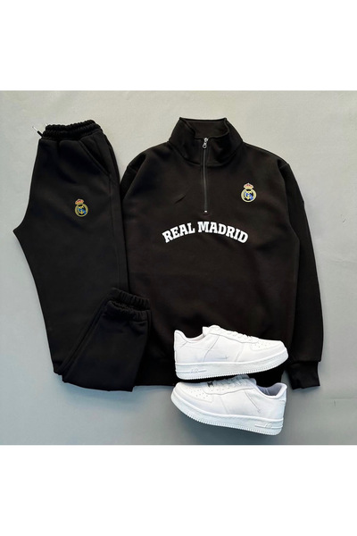 GBRO Yeni Sezon Real Madrid Yazılı Yarım Fermuarlı 3 İplik Sweatshirt-Eşofman...