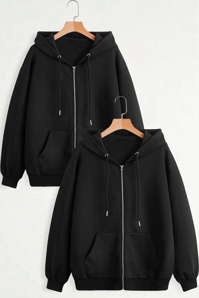 Trend Sizde Unisex Siyah 2 Li Fermuar Kapüşonlu Sweatshirt