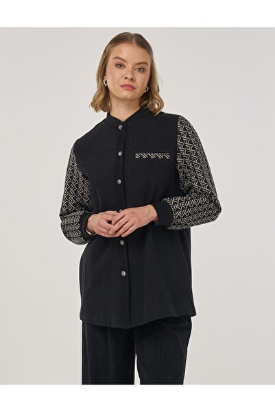 Kayra Monogram Embellished College Collar Jacket Black