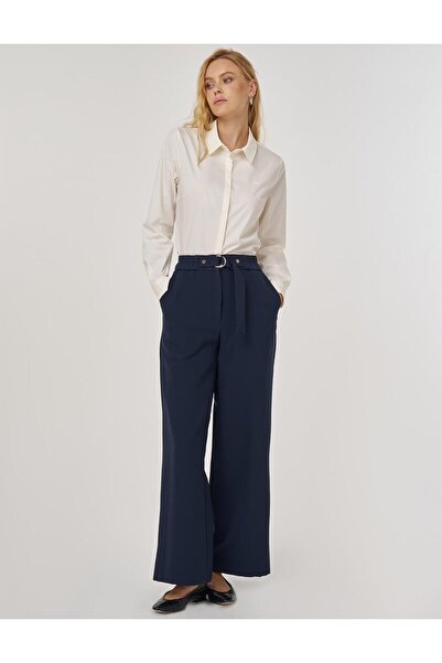 Kayra Metal Buckle Fabric Trousers Dark Navy Blue