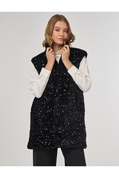 Kayra Sequin Embroidered Puffer Vest Black