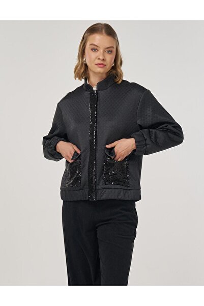 Kayra Sequin Detailed Bomber Jacket Black