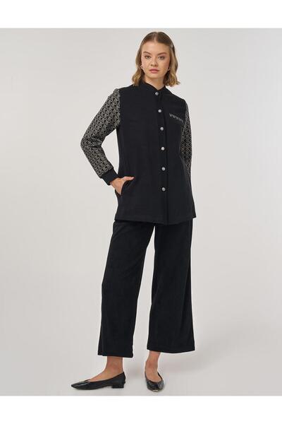 Kayra Monogram Embellished College Collar Jacket Black