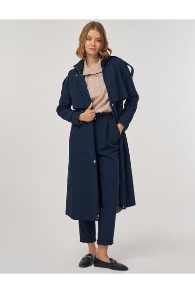 Kayra Hooded Detailed Trench Coat Dark Navy Blue