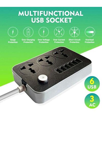 Generic موصل طاقة عالي الجودة مزود بـ 3 مقابس و6 منافذ USB للشحن السريع