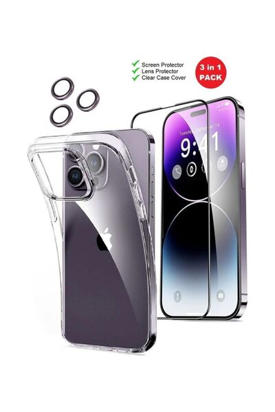 Margoun 3Pack for iPhone 14 Pro Max Screen Protector Tempered Glass, Lens Protector and Clear Case C