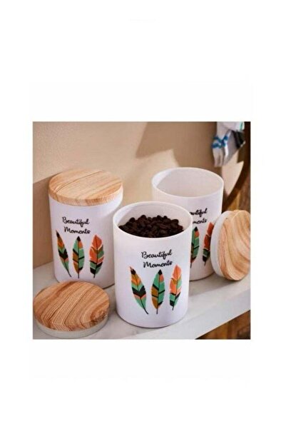 Generic طقم أوعية زجاجية مطبوعة من 3 قطع مع غطاء، أبيض/بيج
