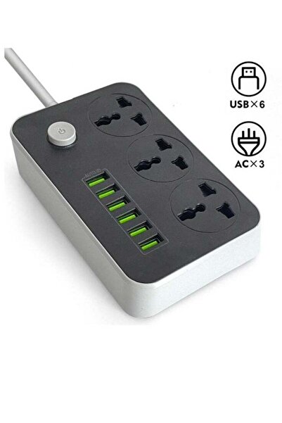 Generic سلك طاقة بمقبس شحن بثلاثة منافذ مع 6 منافذ USB ومقبس شحن عالمي بطول 2 متر من Bold Extension Co