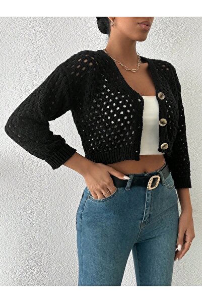 Işıltı kidss Large buttoned perforated cardigan black