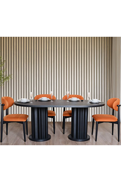 Eymense Dark Yuvarlak Büyük 4 Sandalyeli Mutfak Masa Takımı