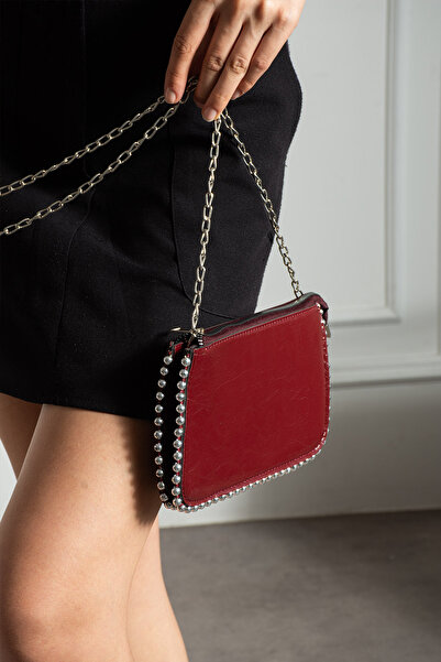 pasyone Burgundy Bead Detailed Chain Strap Women's Bag