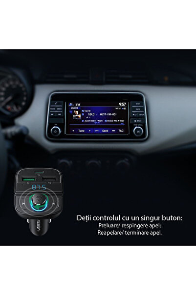 Ugreen Car Charger with FM Modulator (80910) 2xUSB-A, 1xType-C, Card slot with LED display, 31.5W, - Black