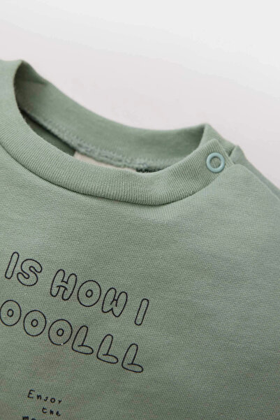 DeFacto E2398 Haki Erkek Bebek 2'li Takım Dinazor Baskılı Uzun Kollu Tişört Beli Lastikli Alt