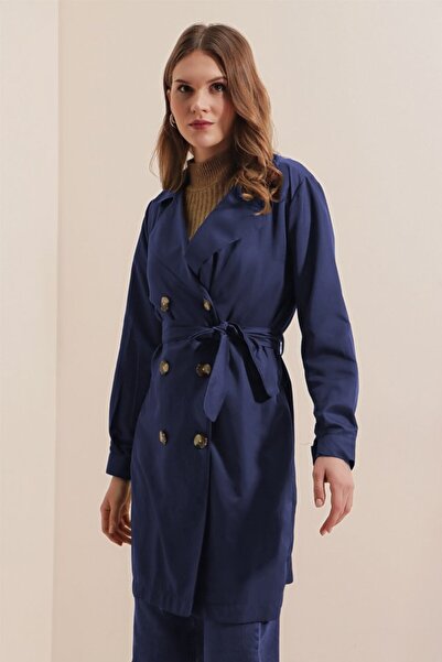 Kanonik Education 5864 Double Breasted Collar Short Trench Coat - Navy Blue