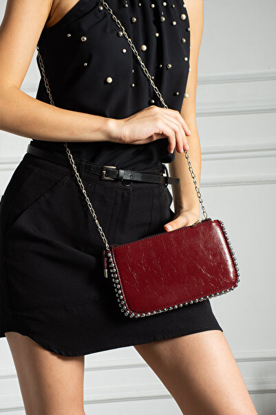 pasyone Burgundy Bead Detailed Chain Strap Women's Bag