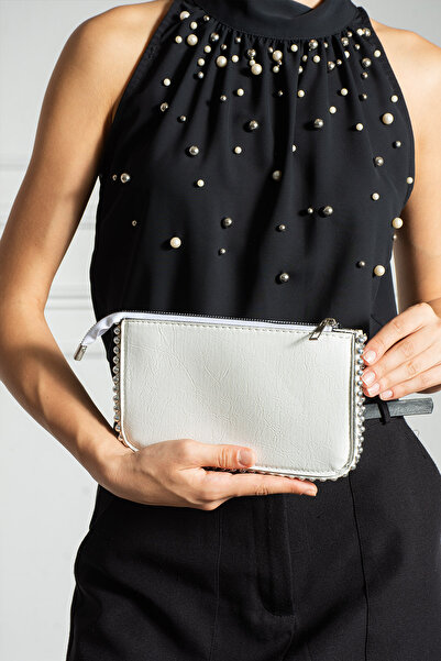 pasyone Geantă de damă cu curea cu lanț cu detalii cu mărgele albe