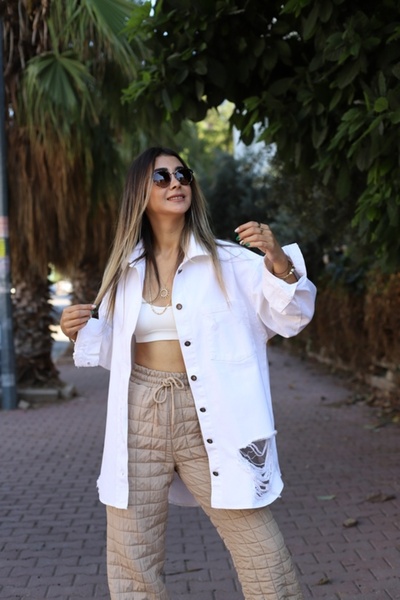 bytugcekaya سترة جينز بيضاء كبيرة الحجم بمقاس قياسي مع تقنية الليزر