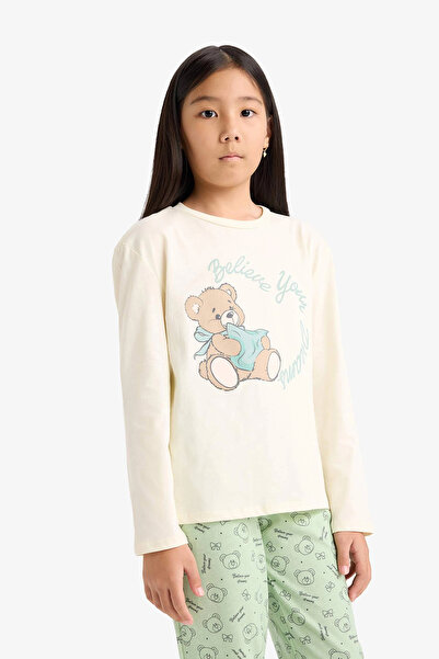 DeFacto F6219 Ekru Kız Çocuk Regular Fit 2'li Pijama Takımı Baskılı Uzun Kollu Üst Desenli Uzun Alt
