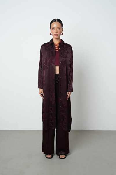 Orfeo Negro Women's Burgundy Color Floral Patterned Long Tunic Hijab Shirt - Dress