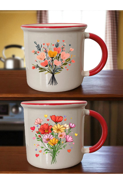 lili hediyelik كوب أحمر مطبوع عليه باقة زهور - هدايا عيد الحب، هدية للحبيب