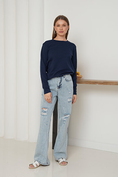 Ay Moda Collection تي شيرت نسائي بأكمام طويلة وياقة دائرية من قماش إنترلوك