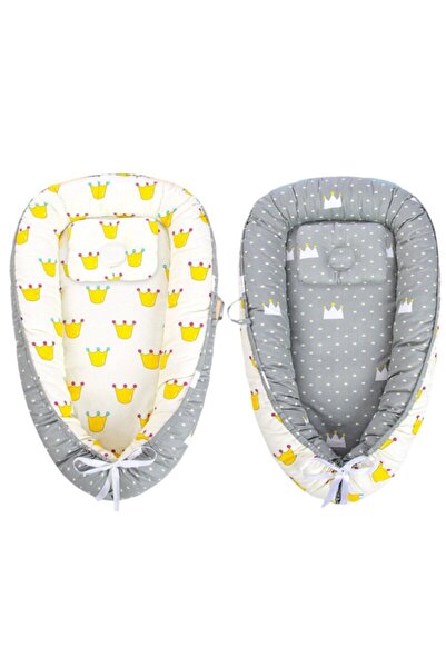 Mixbo Cosulet bebelus pentru dormit Mixbo, Baby Nest, cu 2 fete, bumbac, coroane, alb/gri