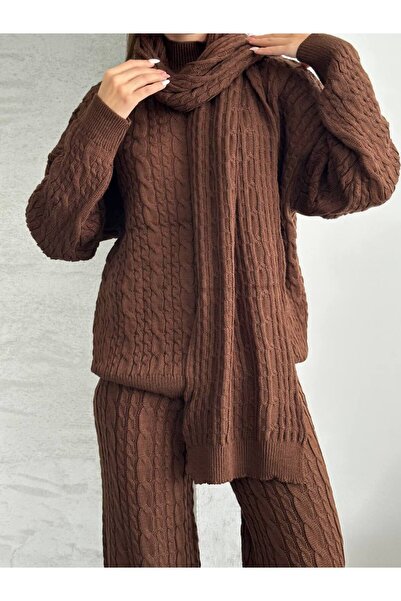 ZF BUTİK طقم ملابس منسوجة مع وشاح وبنطلون محبوك