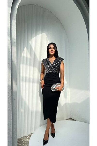 Nida Boutique Top Sequin Skirt Crepe V-Neck Zero Sleeve Midi Length Dress