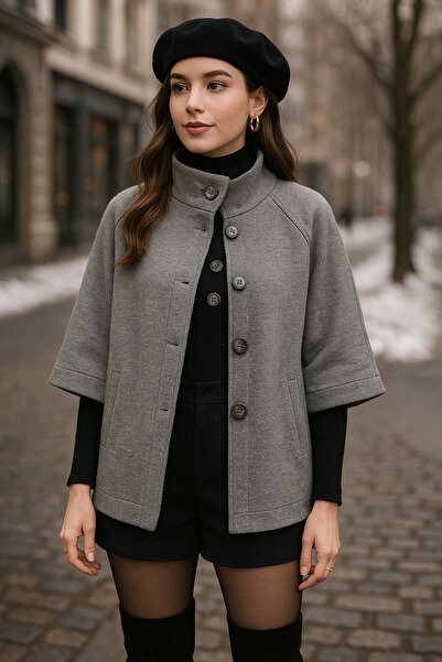 Rich Women's Gray Buttoned Collar Detailed Poncho