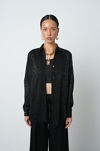 Orfeo Negro Women's Black Color Patterned Gold Button Detailed Shirt