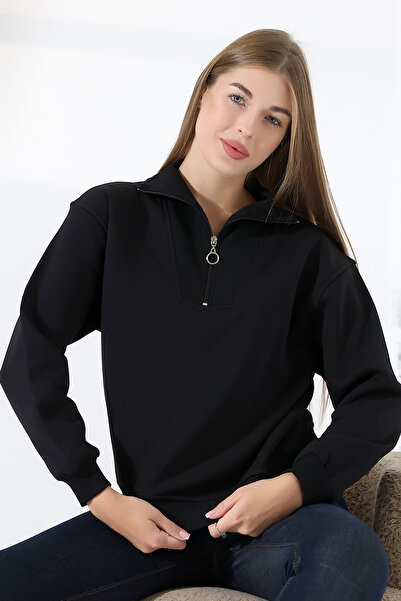 Endies Relax Comfortable Loose Wide Cut Half Zipper Stand Collar Cotton Women's Sweatshirt 21971 Black