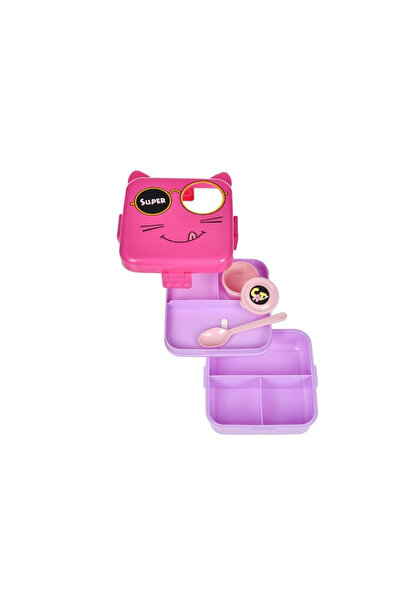 YLOTECH Plastic Lunchbox with 5 Compartments, Spoon & Sauce Container, Cat De...