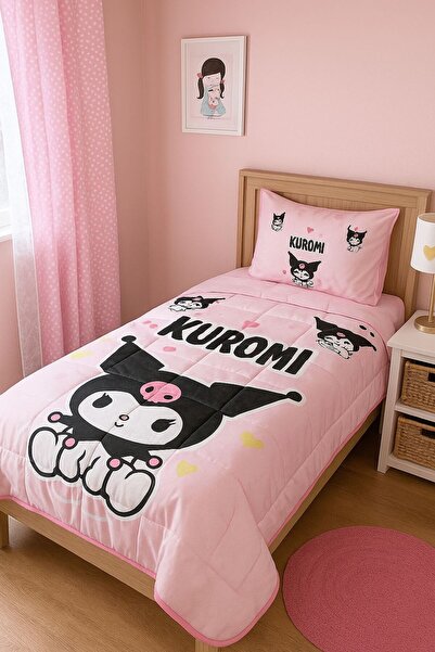 adenkahome Kuromi Desenli, Kapitone Dikişli Tek Kişilik Yatak Örtüsü Seti 160x220 cm + Yastık Kılıfı